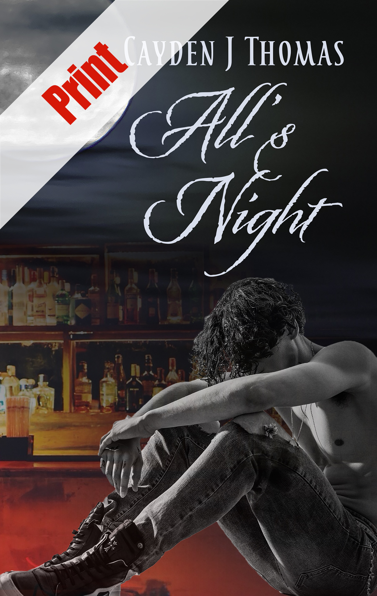 Book cover of shirtless man sitting dejected and bar in background with Print banner