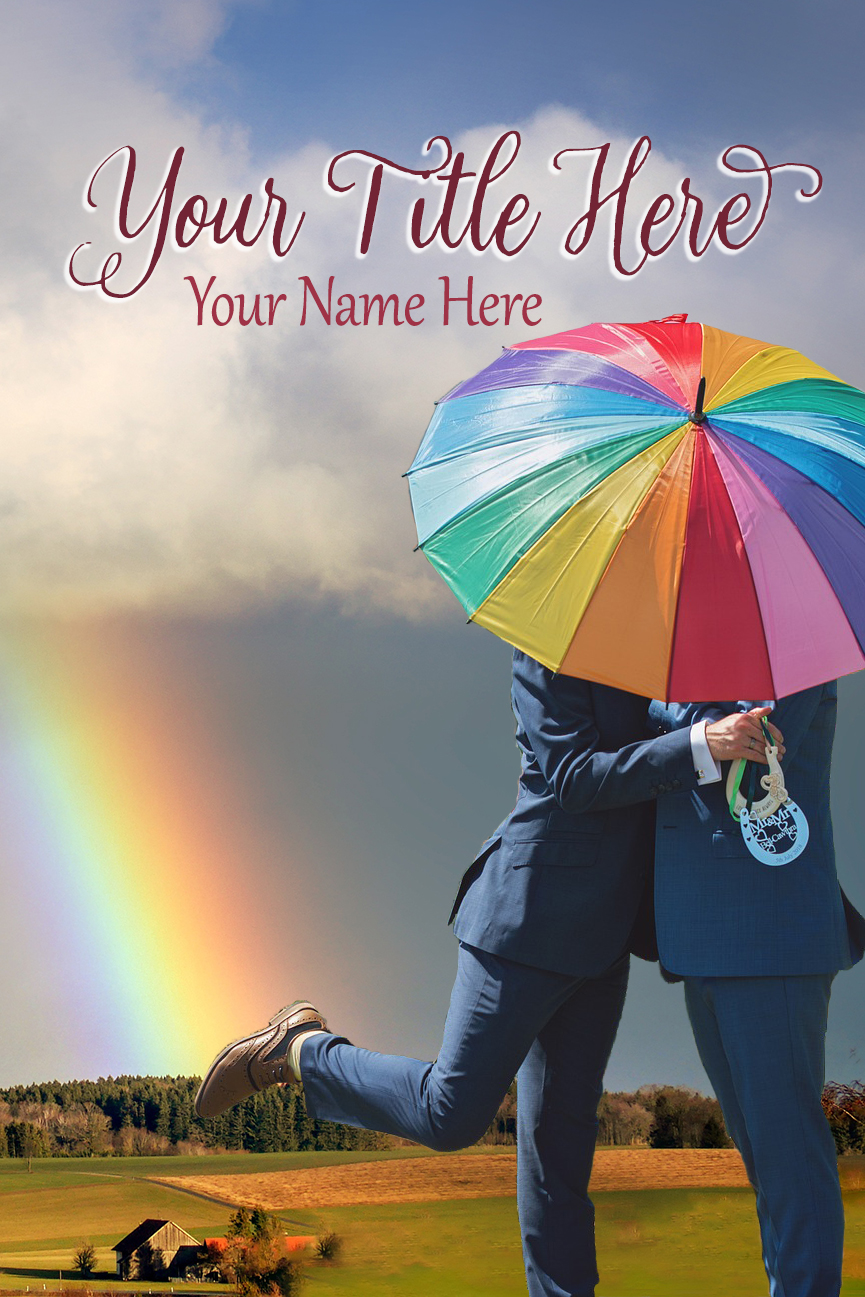 Bover of two men under rainbow umbrella with rainbow in background